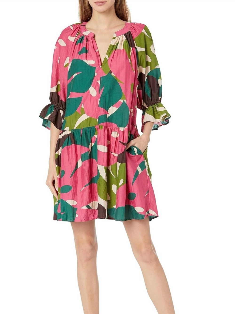 Brand New! Velvet Pink & Green Abstract Floral Mini Dress (Size: Small)